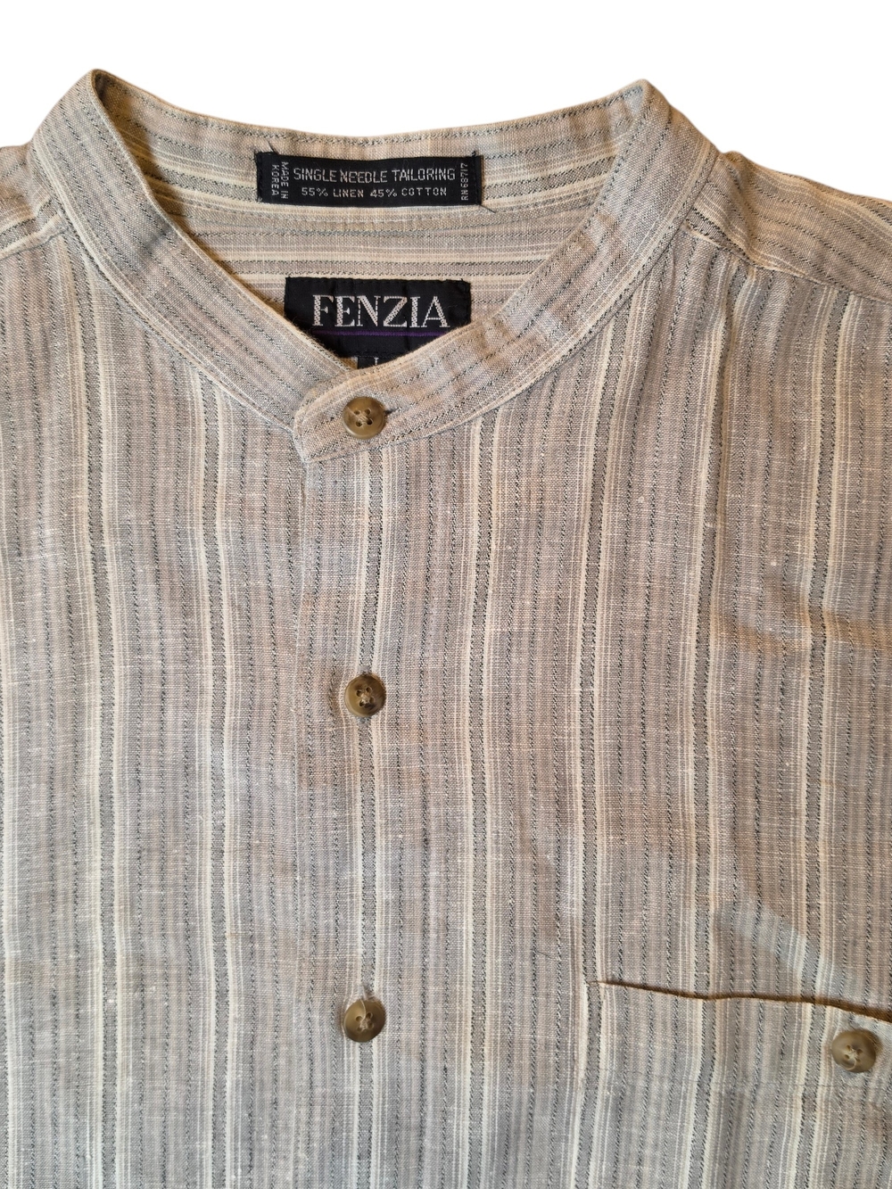 Men's Linen-Cotton Stripe Band Collar Shirt - Light Gray